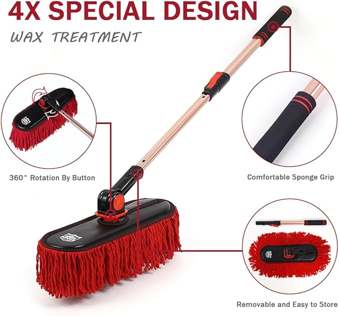 Car Duster Exterior Scratch Free,Car Dust Brush with Extendable Telescoping Handle to Remove Pollen,Dusters for Truck,RV and Motorcycle,Large Mop Head, Wax Cotton Hair，Auto Care