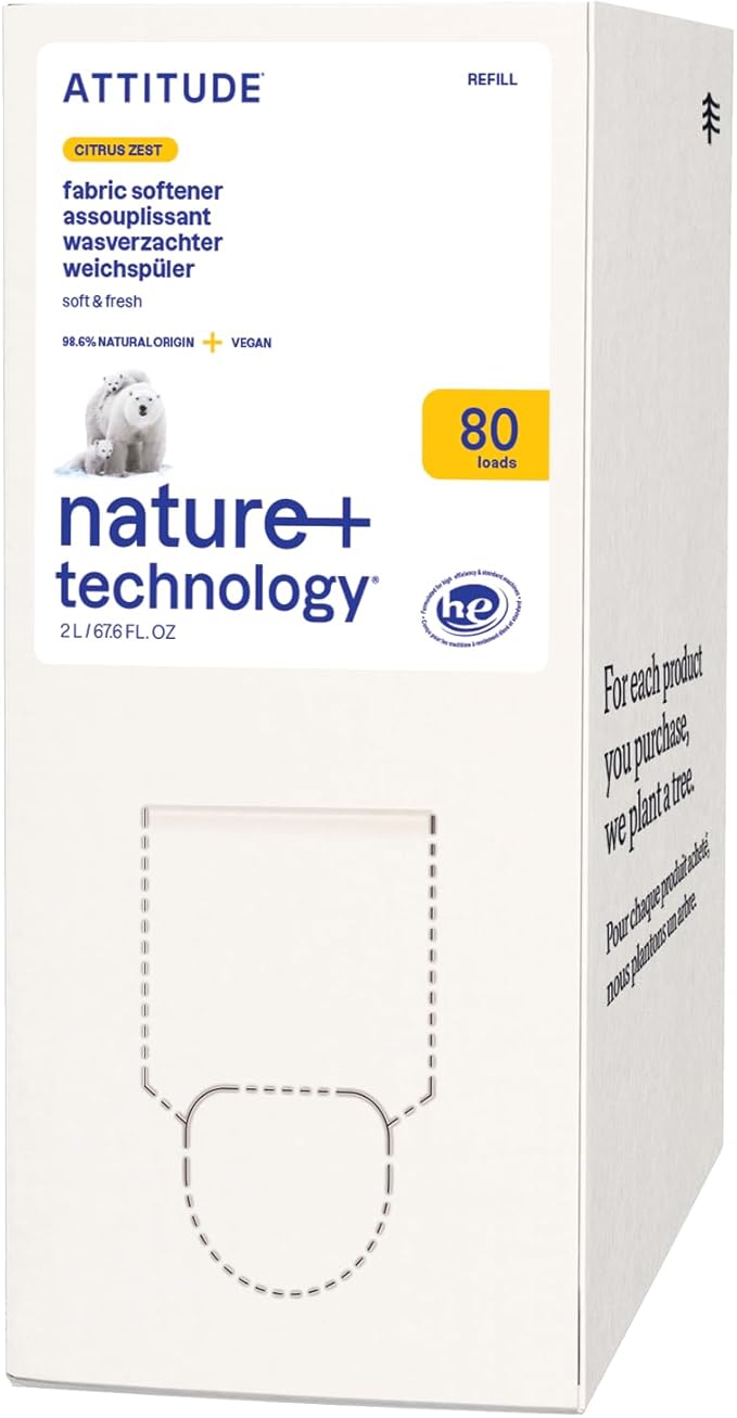 ATTITUDE Liquid Fabric Softener Refill, Plant-Based & Vegan, HE Compatible, Naturally Derived, Citrus Zest Scent, 80 Loads, 67.6 Fl Oz