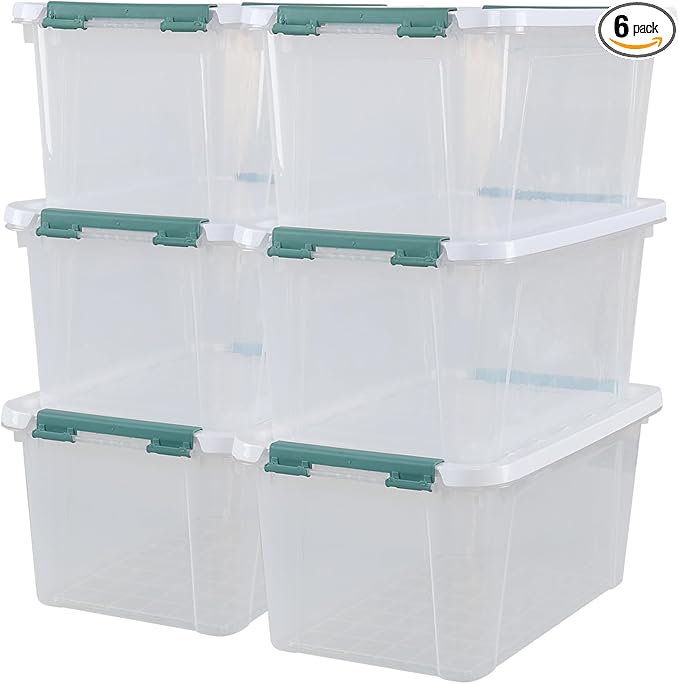 35 Quart Stackable Plastic Storage Latches Box, Multi-Purpose Lidded Container for Clothes, Craft Supplies & Christmas Decorations, 6 Packs