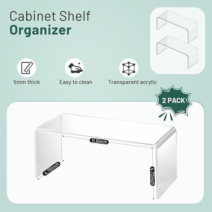 Clear Cabinet Shelf Organizers, 2 Pack Shelf Risers Kitchen Cabinets, Spice Rack for Dishes, Soda Cans and Cup（11.8 x 4.72 x 4.72 Inch）