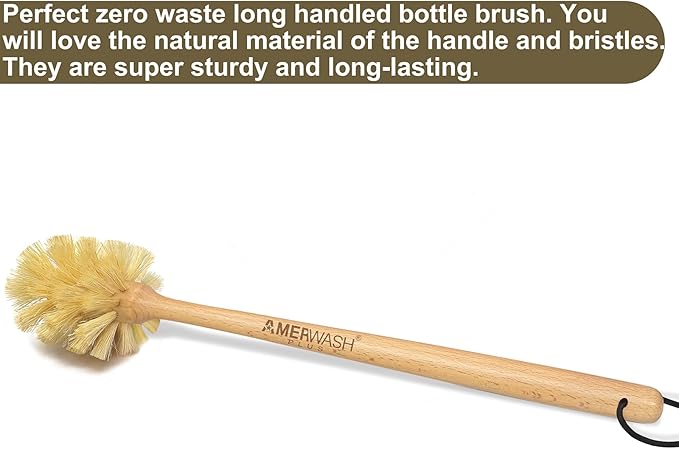 Bottle Brush with Strong Sisal Bristles, 13-3/4 Inch Long Wood Handle Hanging Design Cleaning Brush Cleans and Scrubs Wide Mouth Jars, Glasses, Vases, Mugs and Pitchers