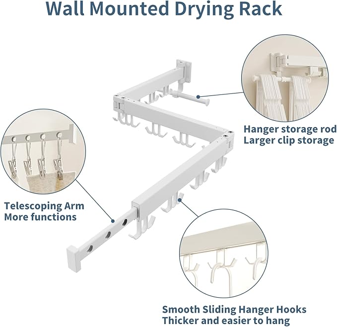 JOOM Clothes Drying Rack Wall Mounted,Folding Clothes Drying Rack,Retractable,Collapsible(Tri-Fold,Upgrade Hook),Wall Mounted Drying Rack for Laundry Balcony Bathroom (White)