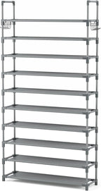 VTRIN 10 Tiers Shoe Rack Tall Large Capacity Wide Shoe Organizer Sturdy Shoe Shelf for Entryway with Two Hooks Metal Shoe Storage for Closet, Bedroom, Grey