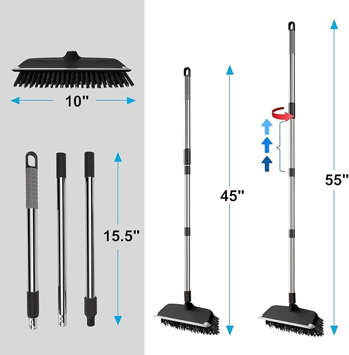 ITTAR Scrub Brush with Long Handle, 10" Wide Stiff Bristles Deck Brush, Heavy-Duty Floor Cleaning Brush, 2-in-1 Scrubber Squeegee Broom for Cleaning Patio, Pool, Kitchen, Garage, Bathroom Floor-Black