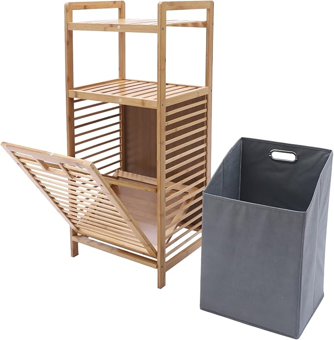 3-Tier Organizer Storage Shelf with Bamboo Frame and Pull Out Fabric Baskets Storage Drawers Unit,Laundry Towel Hamper Cabinet Tower Three Part Compartment Sorter Basket (2-Tier,Style 1)