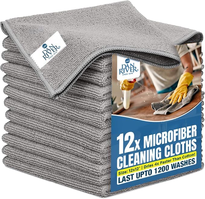 DAN RIVER 12-Pack Gray Microfiber Towels – Ultra Absorbent, Lint-Free & Streak-Free Rags for Home, Car & Kitchen - Must-Have Cleaning Essentials - 12" x 12"