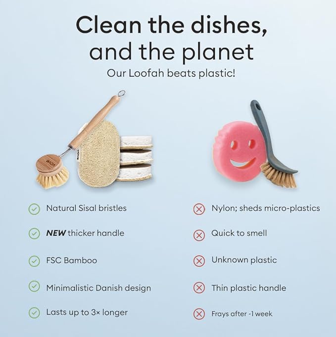 Vove Cleaning Duo, Bamboo Dish Brush Set and Natural Dish Sponges, FSC-Certified Bamboo, Sisal, Loofah, Cellulose, Plastic-Free, Eco-Friendly Zero-Waste Kitchen Dish Scrubber Set