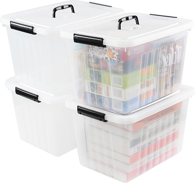 Bringer 4-Pack Clear Plastic Latching Storage Box, 18 L Storage Bin with Handle