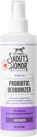 SKOUT'S HONOR Probiotic Pet Deodorizer Spray- Hydrating Daily-Use with Avocado Oil & Omega-3s, Microbiome Friendly Certiified, Paraben & Sulfate-Free, 97% Natural, 8oz, Lavender