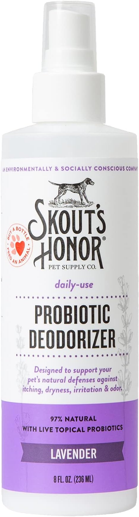 SKOUT'S HONOR Probiotic Pet Deodorizer Spray- Hydrating Daily-Use with Avocado Oil & Omega-3s, Microbiome Friendly Certiified, Paraben & Sulfate-Free, 97% Natural, 8oz, Lavender
