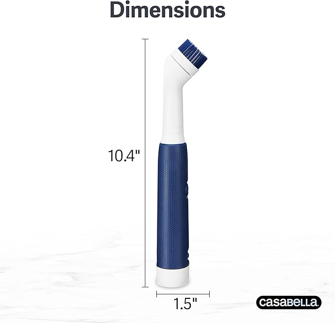 Casabella Power Scrubber Handheld Electric Spin Detail Scrubber for Cordless Cleaning Ergonomic Construction IPX 6 Water Resistance 440RPM Includes 3 Cleaning Heads, 10.4-Inch, White