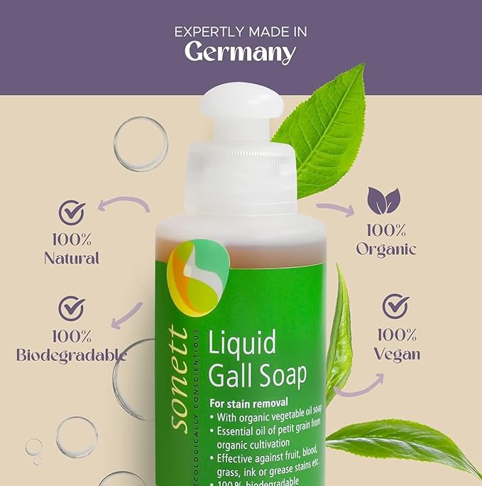 Sonett Organic Liquid Stain Remover For Clothes- Concentrated Laundry Stain Remover Detergent Gall Soap For Deep Cleaning- Highly Effective Against Ink, Blood, Grease, Fruit Stains- 4oz, Pack of 1