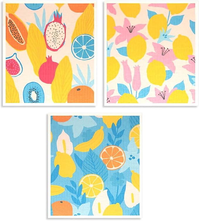 6 - Pack Swedish Kitchen Dish Cloths - Reusable Paper Towels for Counters & Dishes - Eco Friendly Cellulose Sponge Cloth - Assorted (Fruit Plants)