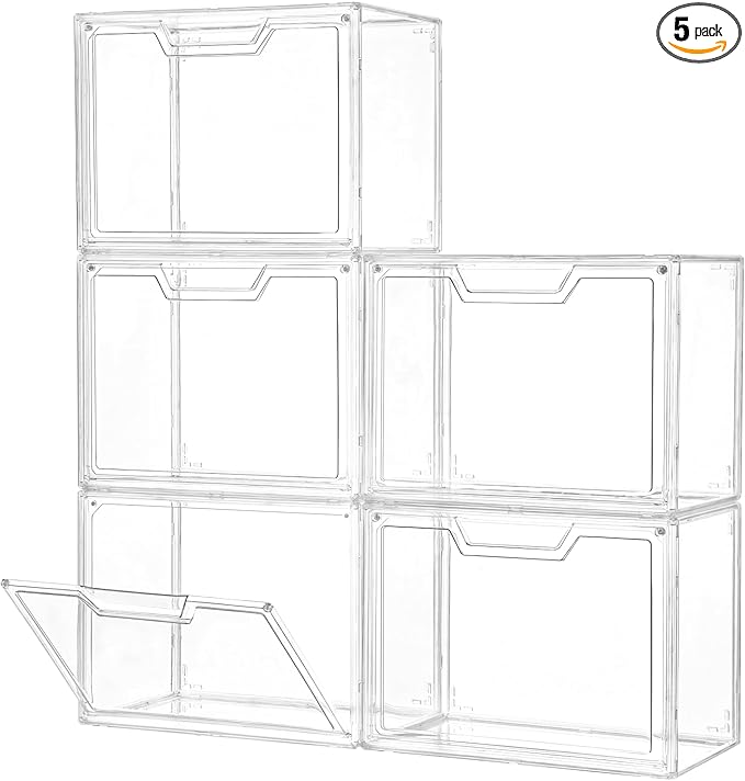 Stackable Storage Bins, Clear Acrylic Display Case, 5-Pack Acrylic Boxes with Lids, Clear Storage Containers Storage for Handbags, Collectibles & Figures