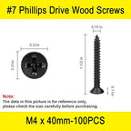 100 Pcs #7 X 1-1/2'' Drywall Screws,Black Wood Screw,Flat Head Phillips Screws Self Tapping Screws Used in Furniture,Woodworking Repairs and DIY Projects（M4 X 40mm）