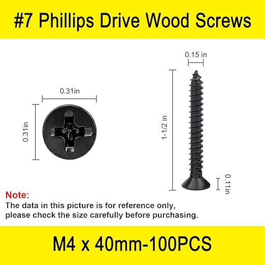 100 Pcs #7 X 1-1/2'' Drywall Screws,Black Wood Screw,Flat Head Phillips Screws Self Tapping Screws Used in Furniture,Woodworking Repairs and DIY Projects（M4 X 40mm）