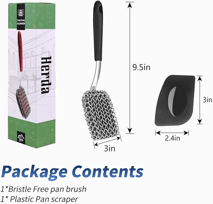 Cast Iron Scrubber Brush with Handle Cast Iron Cleaner Chainmail Scrubber + Pan Scraper, 316 Chain Maille to Clean Pan Pot Skillet Grill Griddle Metal Scrub Wok Scrub Carbon Dutch Oven Carbon Cleaning