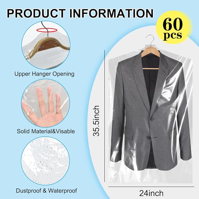 BEISHIDA 60PCS 35.5 Inch Plastic Garment Bag-Plastic Clear Dry Cleaner Laundry Bags for Clothes Cover Hanging Clothes Storage for Coat Suit Shirt Jacket Skirt