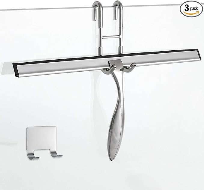 Simtive 14-Inch Shower Squeegee Set, Includes Shower Door Hook and Adhesive Hook, Squeegee for Shower Doors, Mirror and Window, Silver