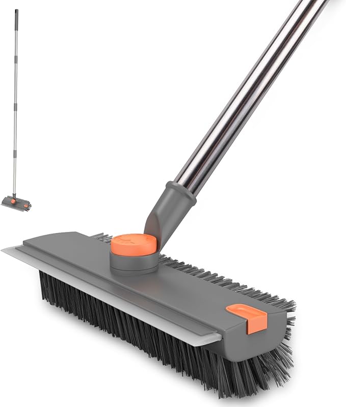 Floor Scrub Brush with Long Handle, BITOPE 3 in 1 Stiff Bristles Deck Brush 360° Rotating Floor Scrubber with Squeegee, Tweezer for Clean Patio, Deck, Tile, Concrete, Balcony Outdoor