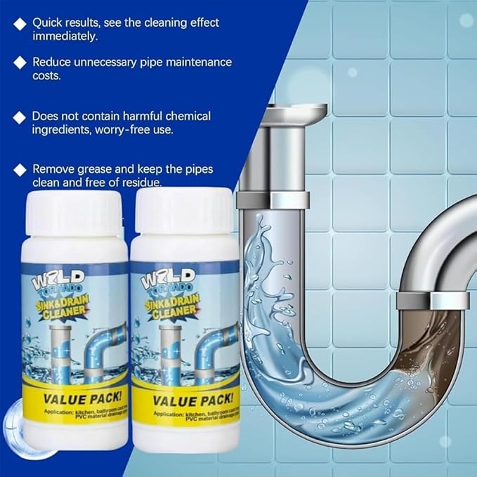 Curiovas Drain Cleaner, Wild World Tornado Sink and Drain Cleaner, DrainClog Remover Tool, Power Foam Unclogging Cleaner Powerful Pipeline Dredging Agent for Kitchen & Bathroom (2PCS)