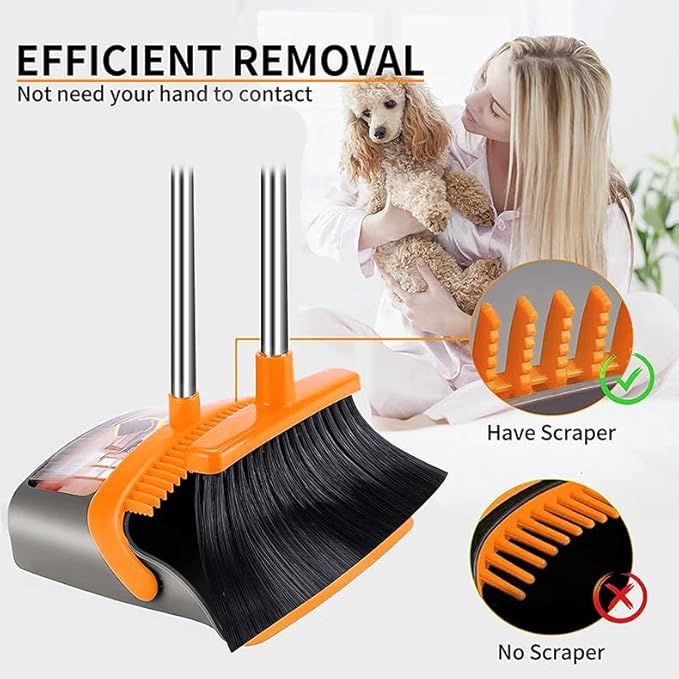 2-Pack is More economical,Upgraded Broom and Dustpan,with 52" Long Handle, Dustpan Teeth with self-Cleaning Function, Indoor and Outdoor Sweeping, Perfect for Home Office (Large Size/Orange /2-Pack)