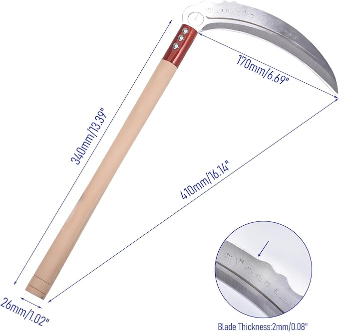 1pce 410mm/16.14in Carbon Steel Billhook Brush Clearing Sickle for Grass,Weeding Tools for Garden,Curved Sawtooth Sickle,Machete Axe for Cutting Trees,Steel Blade Knife in Hand