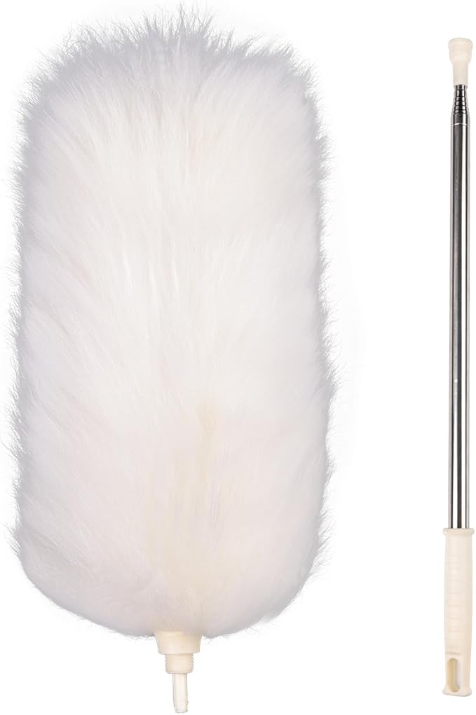 Extendable Lambswool Duster 29-110 Inch,Anti-Static Flexible Head, Stainless Steel Pole for Cleaning High Ceiling,Fan,Furniture,Roof Dusting