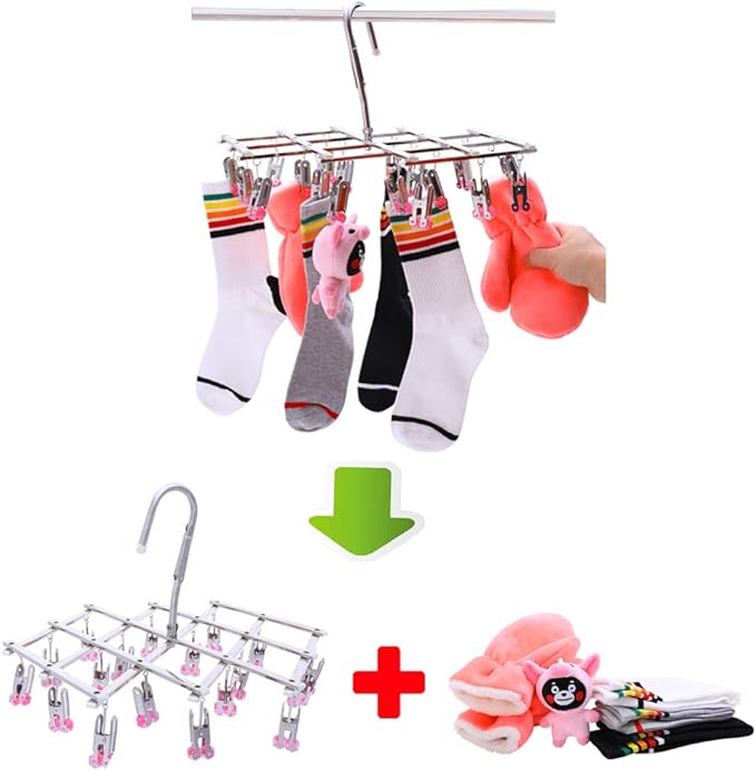 Drying Rack, Stainless Steel with 18 Pegs, Windproof Folding Portable Laundry Drip Hanger for Socks and Underwear