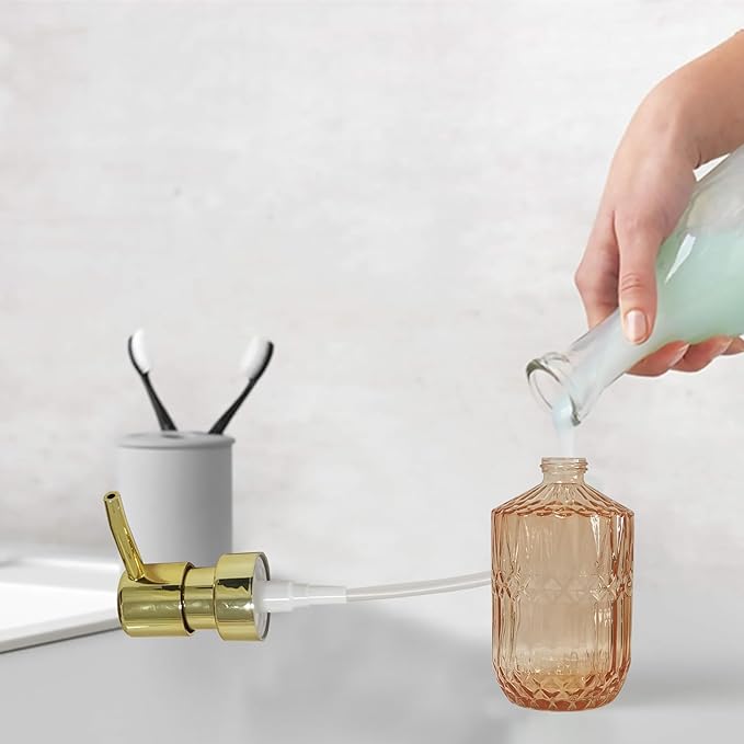 Glass Soap Dispenser with Gold Pump, 15oz Liquid Hand Dispenser, Refillable Lotion Dish Soap Dispenser for Modern Home Decor, Bathroom, Kitchen Countertop, Hotel(Amber)