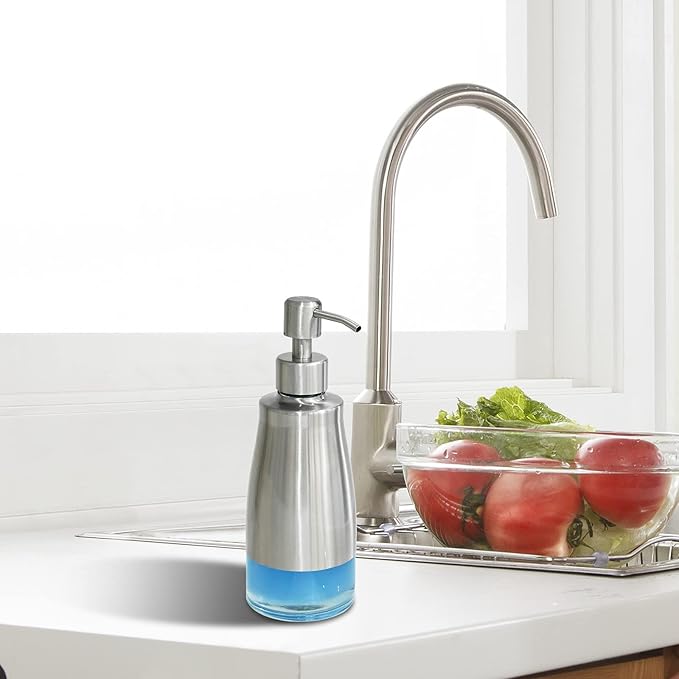 Dish Soap Dispenser with Stickers, Brushed Nickel Stainless Steel and Glass Combined, Refillable Liquid Hand Soap Dispenser for Bathroom & Kitchen (11OZ / 320ML)