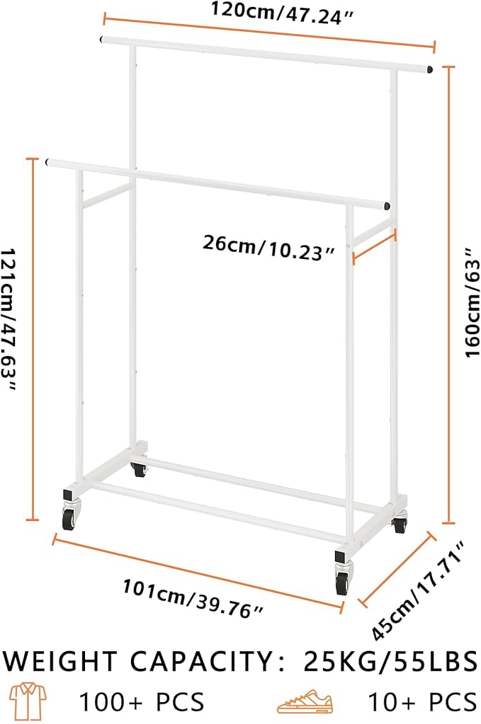 Calmootey Double Rod Clothing Garment Rack,Rolling Hanging Clothes Rack,Portable Clothes Organizer for Bedroom,Living Room,Clothing Store,White