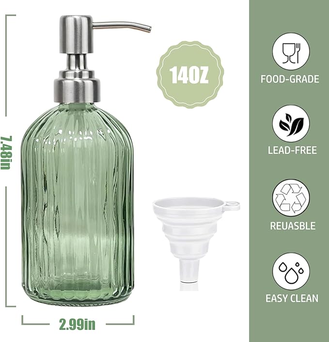 14Oz Green Soap Dispenser Bathroom, Clear Glass Hand Soap Dispensers with Stainless Steel Pump, Refillable Dish Soap Dispenser with Funnel for Kitchen, Countertop Soap Dispensers