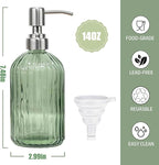 14Oz Green Soap Dispenser Bathroom, Clear Glass Hand Soap Dispensers with Stainless Steel Pump, Refillable Dish Soap Dispenser with Funnel for Kitchen, Countertop Soap Dispensers