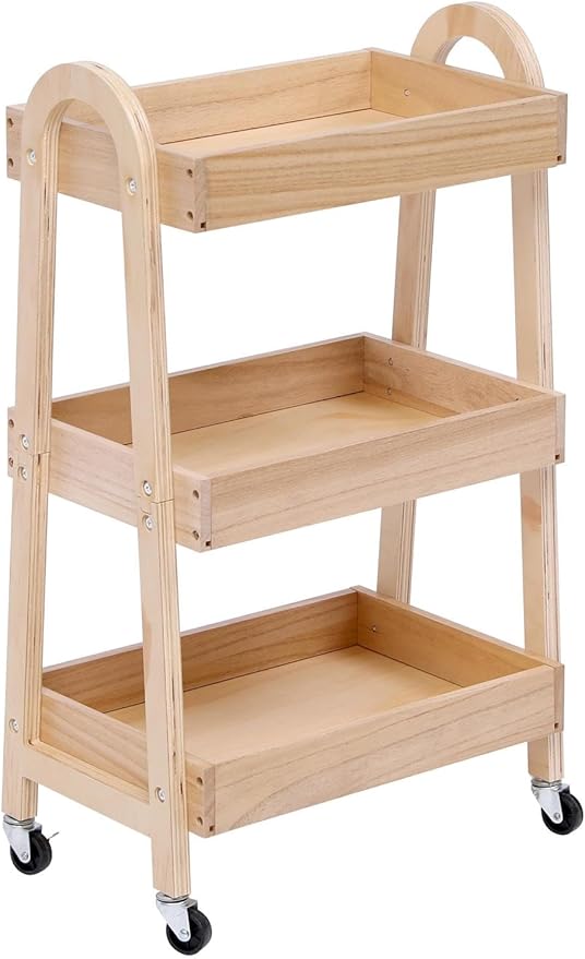 3-Tier Rolling Craft Cart, light-colored wood, Sturdy, Waterproof, with Wheels, for Kitchen, Bathroom, Laundry