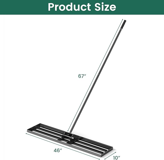 Goplus Lawn Leveling Rake, 46" x 10" Heavy Duty Level Lawn Tool w/ Ergonomic Handle for Soil, Effort-Saving Landscape Rake for Garden, Backyard, Golf Course, Farm, Pasture, Black