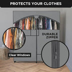 HOLDN’ STORAGE Portable Wardrobe Closet - 65 lb Large Capacity, Internal Heavy Duty Metal Rod, Zipper & Clear Window, Durable Clothes Organizer, Tool-Free Easy Assembly, Dark Gray Canvas Cover