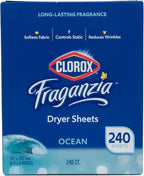 Clorox Fraganzia Fabric Softener Dryer Sheets, Wrinkle Reducing and Anti Static Laundry Dryer Sheets for Great Smelling Clothes, Softens Fabrics, Fresh Ocean Scent, 240 Count