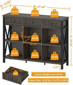 FATORRI Rustic 6 Cube Storage Organizer Bookshelf with 3 Drawers, Short Low Horizontal Bookshelf for Living Room, Industrial Wood and Metal Cubby Bookcase for Home Office (Walnut Brown, 47 Inch)