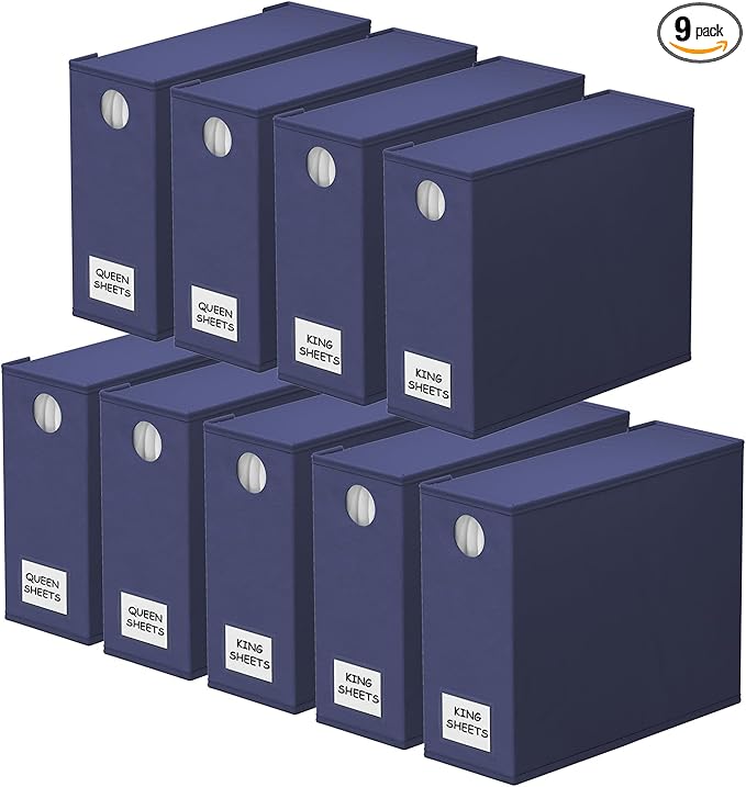 SpaceAid 9 Pack Bed Sheet Organizers and Storage, Foldable Sheet Organizer with Window for Linen Closet, Set Folder Keeper for Queen & King Size Bedding Storage (Navy Blue)