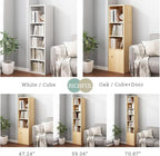 IOTXY Small Narrow Corner Bookcase - 47 Inches Tall Gap Freestanding Storage Cabinet, 4 Lattices Open Shelves Tower Rack with Door, Cubes Bookshelf in Oak