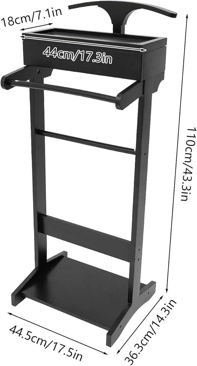 Valet Stand with Drawer and Top Tray, Wood Mens Suit Valet Stand with Wood Base, Freestanding Clothes Valet Stand with Hanger, Storage Organizer for Entryway Office Living Room (D, Black)