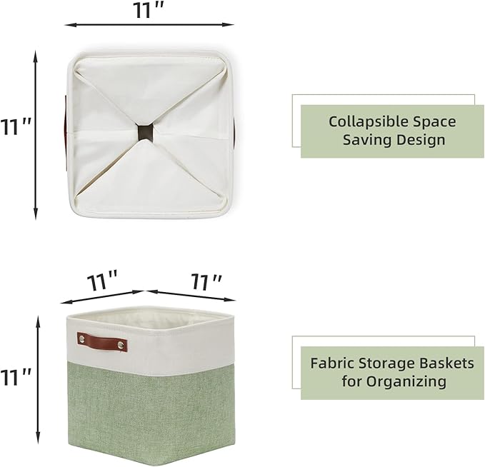 HNZIGE Fabric Cube Storage Baskets Bins Cube Baskets 11x11, Set of 4, Foldable Storage Cube Bin Baskets for Shelves with Handles, Bins for Cube Organizer Home Toy Nursery Closet Bedroom(Green White)