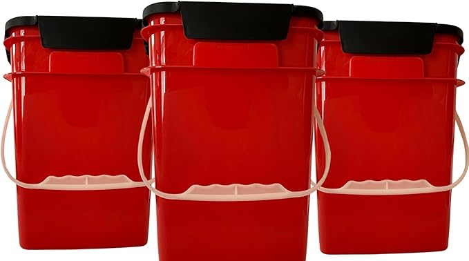 House Naturals 4 Gallon Square Food Grade Bucket Pail with Plastic Handles and Lid (Pack of 3) Made in USA containers (Red - Black lids)