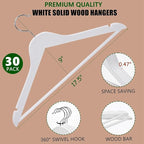 Amber Home 30 Pack White Wooden Coat Hangers, White Wood Suit Hangers with Non-Slip Pant Bar, Clothes Hangers for Closet Organization, Shirts, Jackets, Dresses, and Pants (White, 30)