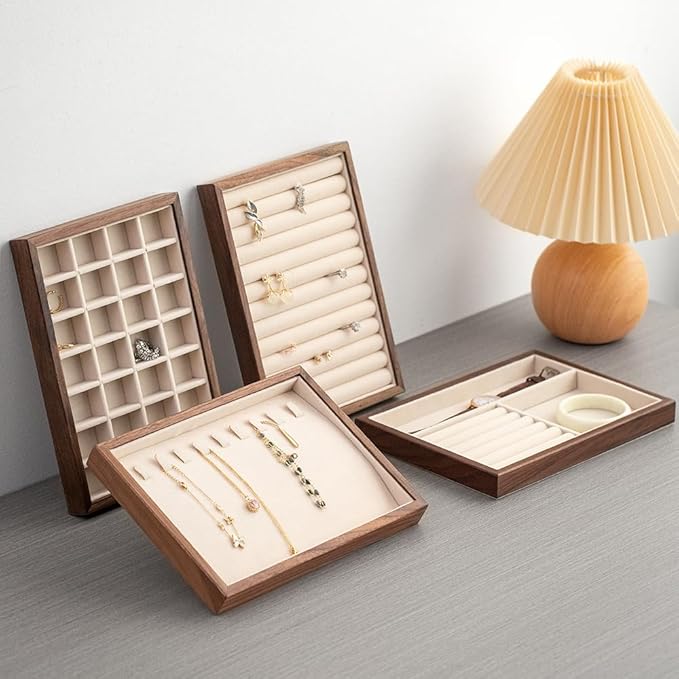 9 Grid Black Walnut Wood Jewelry Tray with Velvet Lining, Stackable Jewelry Organizer for Necklace, Bracelet & Pendant Storage, Premium Elegant Jewelry Drawer Organizer for Women