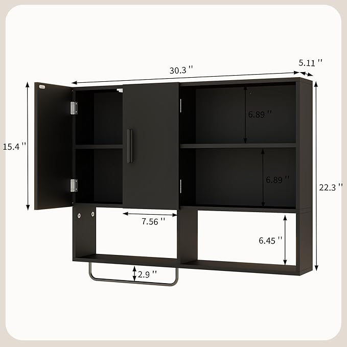Wooden Bathroom Organizers, Over The Toilet Storage Cabinet with 2 Doors, Adjustable Shelves & Towel Bar, Wall Mounted Medicine Cabinet for Kitchen & Laundry, Black