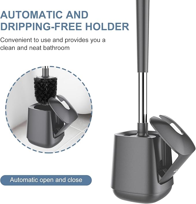 SetSail Toilet Brush and Holder 4 Pack, Self Closing Lid Toilet Bowl Brushes Holder Extra Long Handle Ventilated Toilet Brush Set for Bathroom Cleaning, Nylon Bristles, Grey