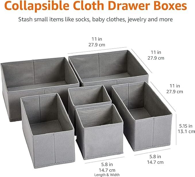 Amazon Basics Cloth Drawer Storage Organizer Boxes for Socks, Underwear and Baby Items, Set of 6, Gray (Pack of 10)