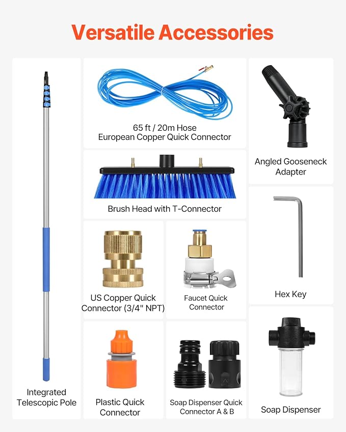 VEVOR Water Fed Pole Kit, 30FT Solar Panel Cleaning Pole with Extendable Handle, 180° Rotatable Brush Head & 65.6FT Hose, Household & Outdoor Window Cleaner Tool for Caravan Solar Panel Deck